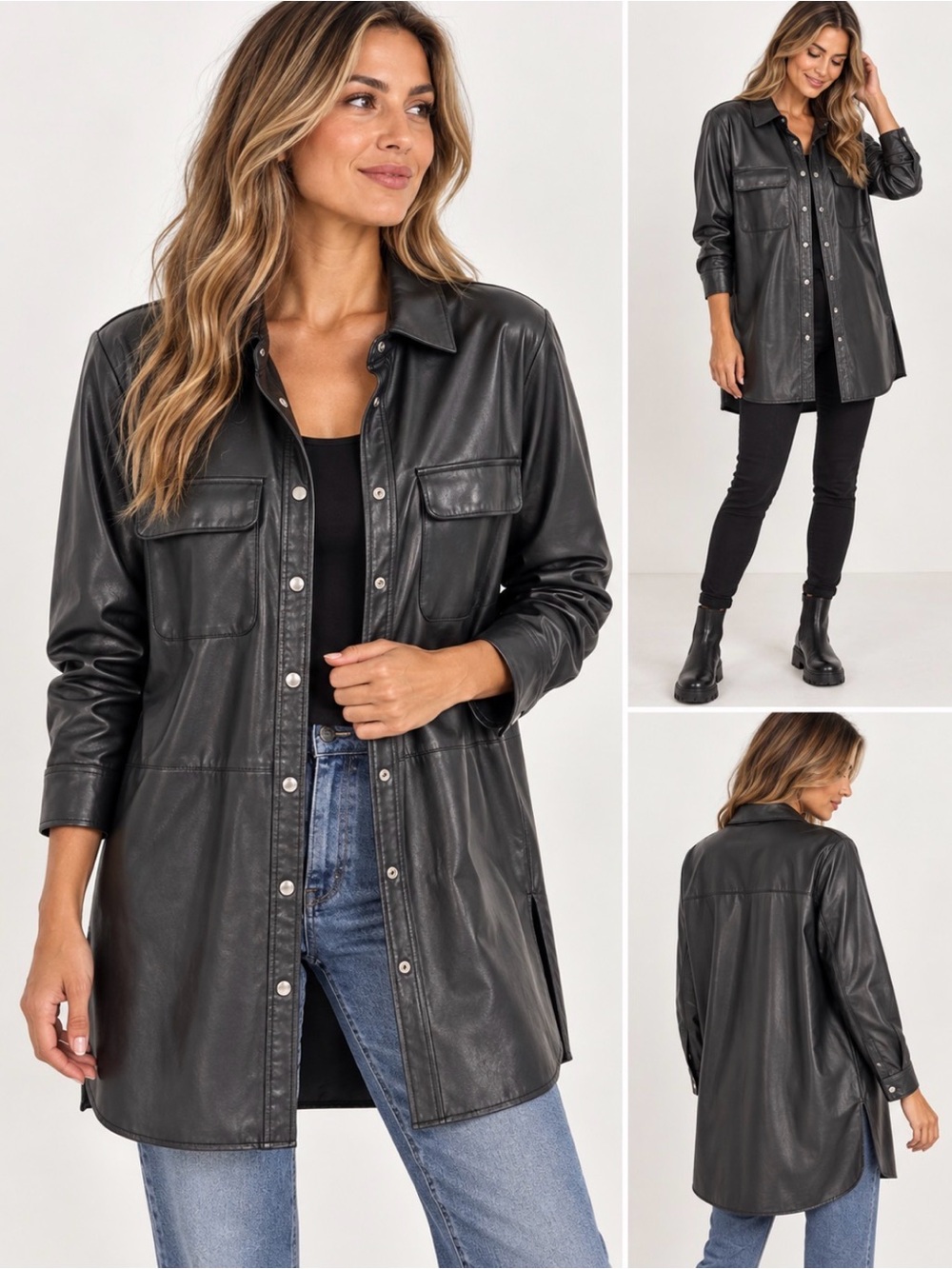 Anne Klein Black Faux Leather Shirt Jacket – Size M